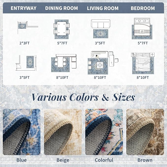 tchdio 3x5 Bedroom Area Rug, Non Slip Washable Entryway Rug Indoor, Soft Low Pile Vintage Door Mat, Stain Resistant Rug for Entrance, Bedside, Dining Room (Blue, 3'x5')