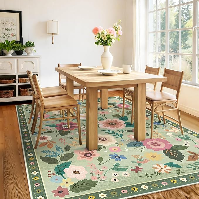 Floral 6x9 Area Rug Machine Washable Soft Print Boho Carpet Non Slip Doormat Low Pile Flower Area Rugs for Living Room Bedroom Nursery Kitchen Dining Room Indoor-Light Green