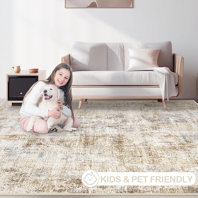 Area Rugs 6x9 Living Room: Washable Rug Modern Abstract Large Rugs Soft Non Slip Neutral Rug Stain Resistant Indoor Carpet for Bedroom Kitchen Dining Room Nursery Home Office Rugs(Blue Brown,6'x9')