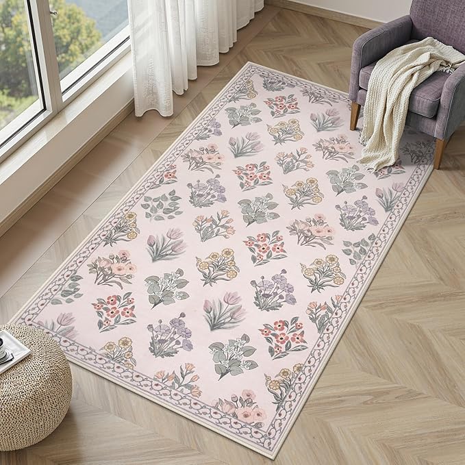 Wonnitar Floral 3x5 Washable Rug, Ultra-Thin Pink Small Rugs for Bedroom, Soft Ultra-Thin Non Slip Entryway Indoor Decor Carpet for Bedside Decor Office Girls Room Dorm, Pale Pink