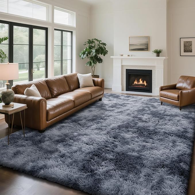 Fluffy Rug Shaggy Area Rug, Mottling Dark Grey 9x12 Area Rugs for Living Room, Large Shag Area Rugs for Bedroom Kids Room Home Decor, Upgrade Anti-Skid Rectangular Fuzzy Rugs