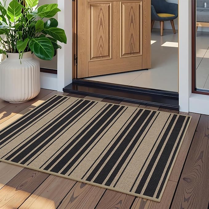 Striped Easy Jute Entryway Rug 2x3 Indoor Outdoor Front Door Mat Washable Non Slip Farmhouse Neutral Low Pile Small Rug for Entryway Proch Kitchen