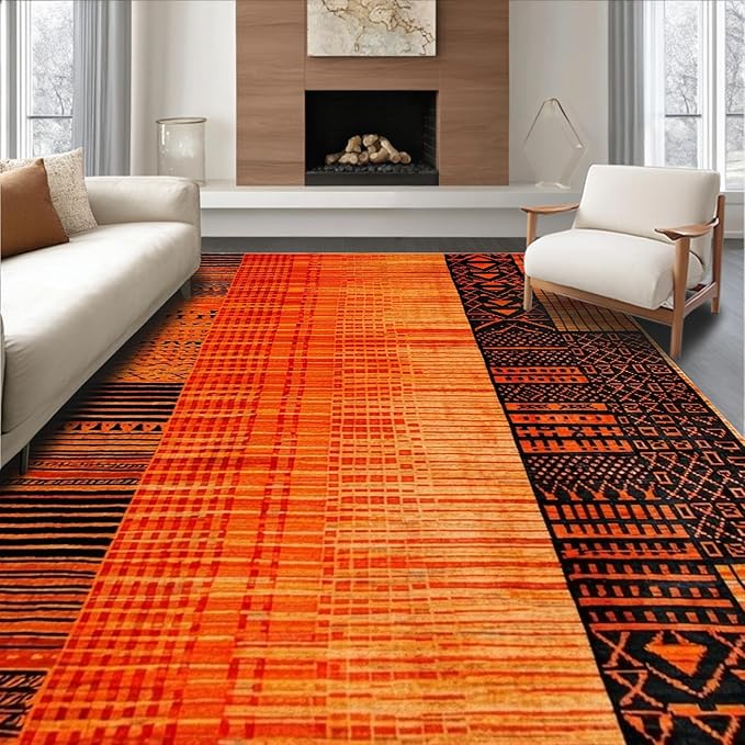 Flatwoven High Traffic Area Rug 8x10, Burnt Orange Copper Fiery Abstract Shape Floor, Non Slip, Stain Resistant, Washable Area Rugs for Living Room, Bedroom (Orange, 8x10)
