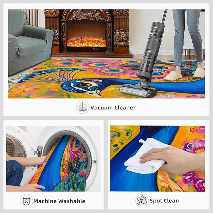 Peacock Rugs for Living Room - 8x10 Rug, Boho Floral Botanical Area Rugs for Bedroom, Wonderful Peacock Rug, Peafowl Washable Carpet, Floral Animal Carpet - Peafowl Home Decor & Gifts