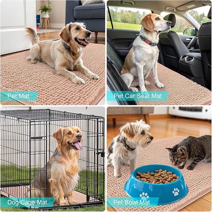 OLANLY Dog Door Mat for Muddy Paws 47x20, Absorbs Moisture and Dirt, Absorbent Non-Slip Washable Doormat, Quick Dry Chenille Mud Mat for Dogs, Entry Indoor Entryway Carpet for Inside Floor, Peach