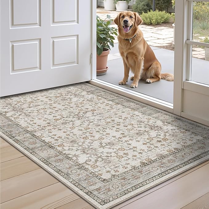 LUMI Indoor Thin Door Mat, 36x59 Washable Small Inside Doormat, Non Slip Low Pile Oriental Floor Carpet, Vintage Distressed Area Rug for Front Door,Entrance,Bedroom, Celadon