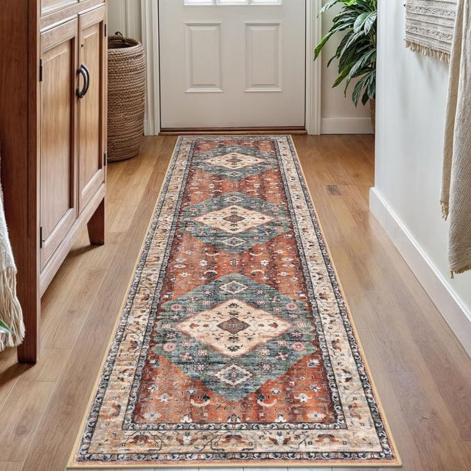 KOZYFLY Runners for Hallways 2x7 Ft Washable Kitchen Runner Rug Boho Runner Rug for Entryway Indoor Rust/Orange/Blue Printed Oriental Faux Wool Floor Carpet Runner for Bedroom Kitchen Hall
