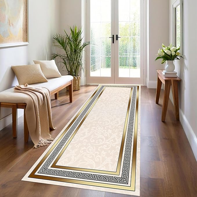 Classic Bohemian Hallway Rugs, 3.3x7ft, Western Retro Greek Key Beige Fade Resistant Hall Rug, Washable Kitchen Low-Pile Floor Carpet Runners for Bathroom Laundry