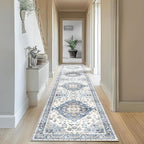 Enkor Runner Rugs for Hallway, 2.6x10.5 Washable Soft Non Slip Floor Rugs for Kitchen, Modern Mat for Living Room Bedroom Entryway Blue & White