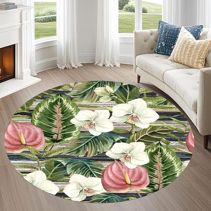 4ft Round Indoor Rug Non-Shedding Machine Washable，Low Pile Non-Slip Carpet with Tropical Floral Pattern，Soft Floor Mat for Living Room, Bedroom, Mudroom Easy Clean Home Decor