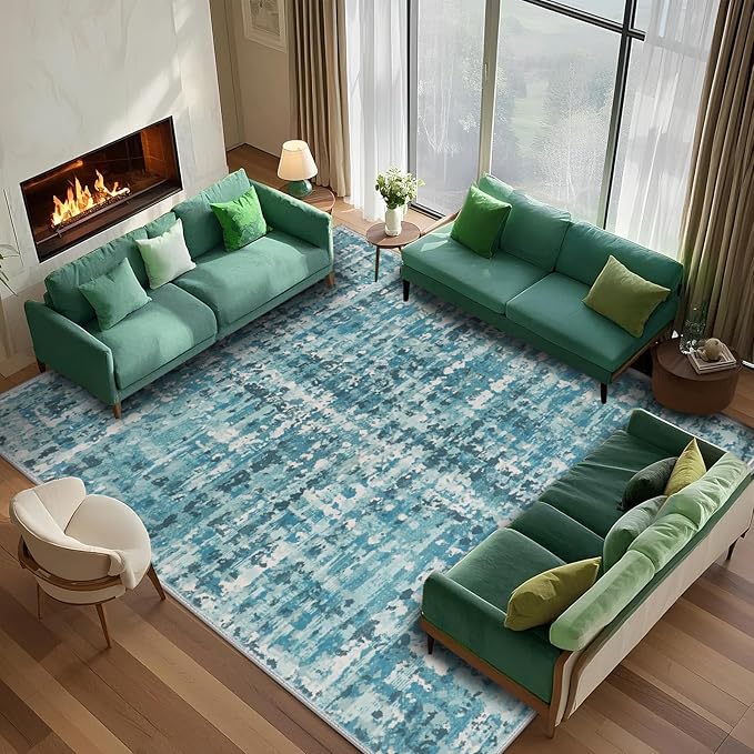 9x12 Abstract Area Rugs for Living Room, Modern Teal Blue Washable Indoor Rug for Bedroom, Thin Soft Large Non-Slip Carpet for Dining Room Home Office Farmhouse Decor