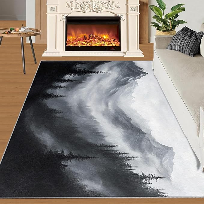 Misty Forest Rugs for Bedroom - 4x5 Area Rug - Modern Black White Art Rugs for Living Room, Natural Landscape Rug, Washable Home Decor Carpet