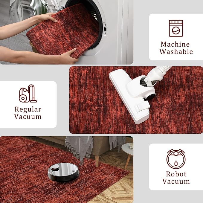 RUGSREAL Washable Rug 10x13 for Living Room Modern Abstract Area Rug Non-Slip Large Contemporary Bedroom Rug Stain Resistant Aesthetic Accent Floor Carpet Foldable Solid Rug for Home Office, Red