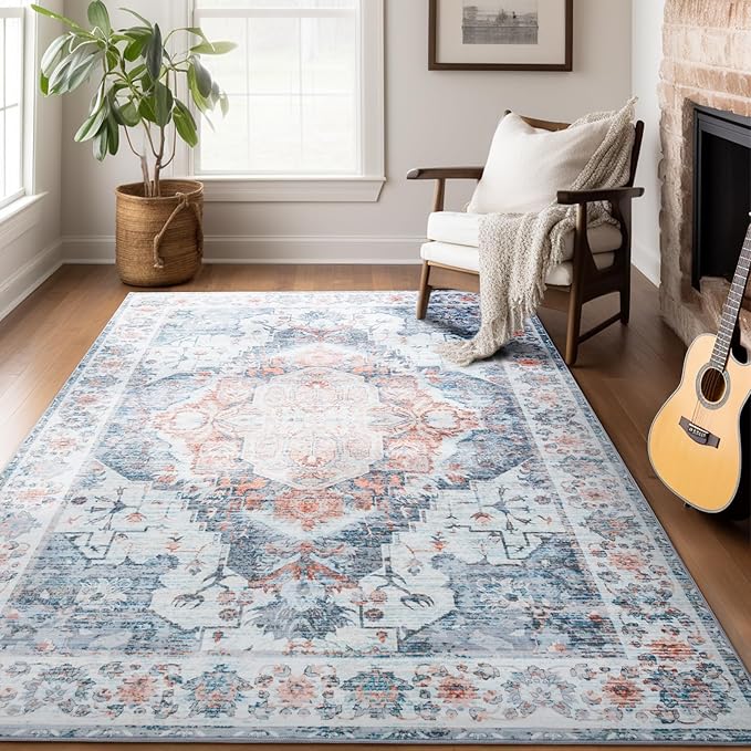 8x10 Area Rugs for Living Room, Machine Washable Non-Slip Low Pile Faux Wool Boho Vintage Carpet, Non-Shedding Large Rug for Bedroom Dining Room Office, Light Blue