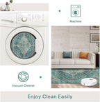 Bavni Kitchen Rug 2x7 Runner Rugs for Hallways Entryway, Washable Vintage Print Carpet, Ultra-Thin Chenille Low Pile Lightweight Rug with Non Slip Backing, Blue/Green