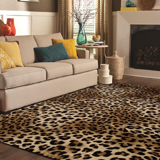 Leopard Rug 8x10 Large Living Room Area Rug Washable Non-Slip Leopard Print Bedroom Rug Modern Themed Indoor Carpet for Dining Room Foyer Apartment Den（8x10ft,Brown）
