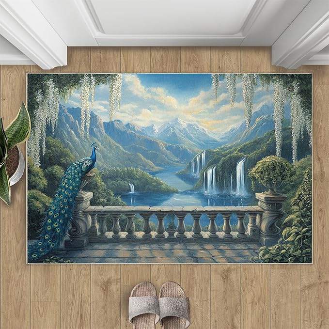 Peacock Rug Small - 4x6 Rug, Peacock Decor Washable Rugs for Living Room, Nature Waterfall Carpet, Natural Landscapes Non-Slip Area Rugs for Bedroom, Aesthetics Carpet - Peafowl Home Decor & Gifts
