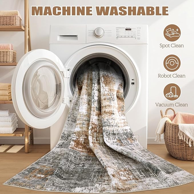 5ft Round Area Rug Living Room Rugs - 5x5 Washable Large Soft Indoor Neutral Modern Abstract Low Pile Rug Carpet for Bedroom Dining Room Farmhouse Home Office - Grey Brown
