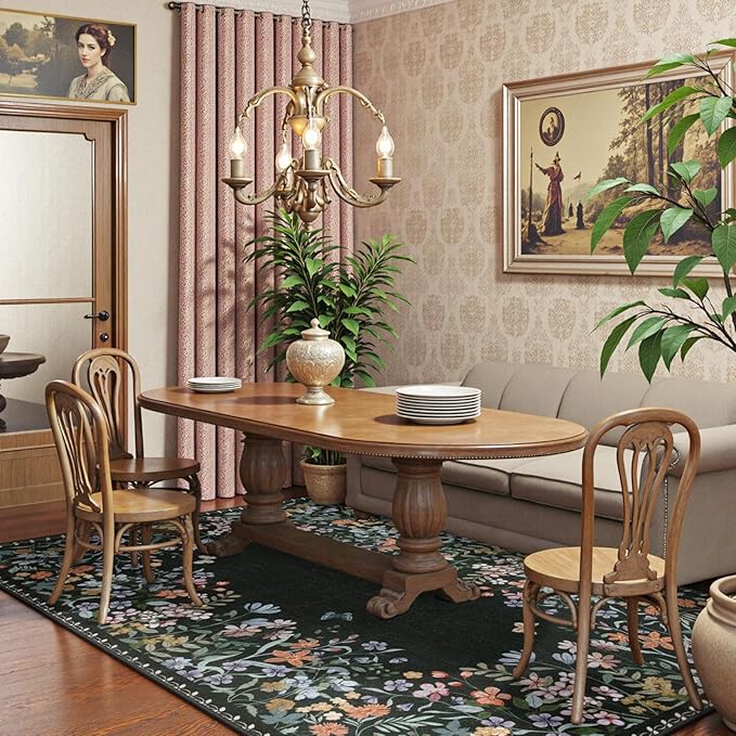 Lahome Boho Floral Black Washable 5x7 Area Rugs for Living Room, Non Slip Rugs for Bedroom, Indoor Throw Dining Room Carpet for Under Table Entryway Kitchen Office(Black,5x7)