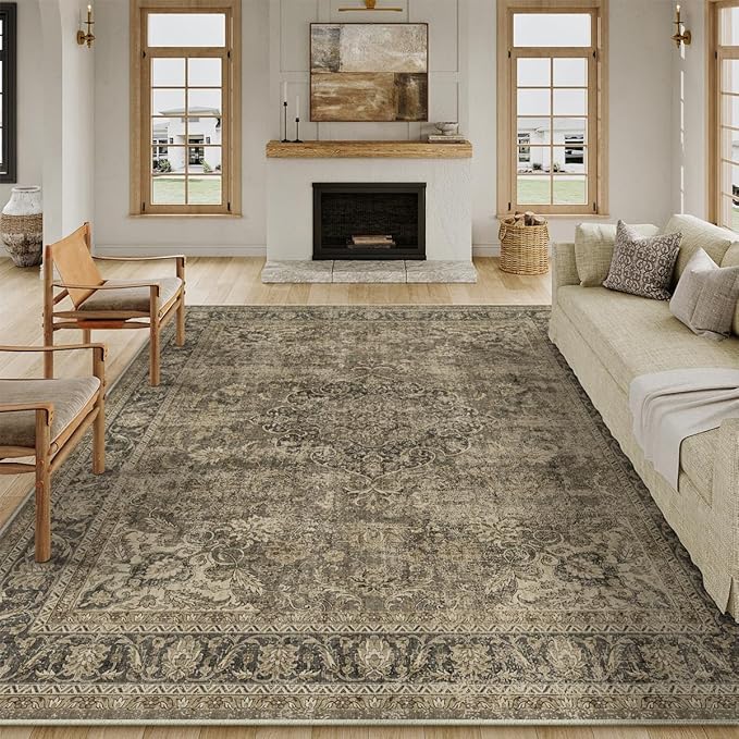 12x15 Brown Area Rug Vintage Living Room Bedroom Washable Carpet Non-Slip Soft Low Pile Distressed Extra Indoor Large Throw Rug for Dining Room Office
