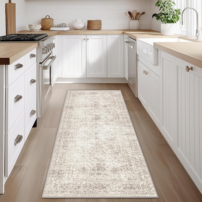 Fmfunctex 3x7 Runner Rug Beige Washable Vintage Neutral Distressed Non Slip Low Pile Indoor Carpet Soft Retro Floral Hallway Entryway Rug for Kitchen Living Room Bedroom Bathroom Laundry Entry Bedside
