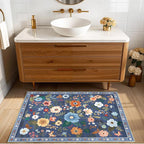 Floral 2x3 Area Rug Machine Washable Soft Print Boho Carpet Non Slip Doormat Low Pile Flower Area Rugs for Living Room Bedroom Nursery Kitchen Dining Room Indoor-Blue/Grey