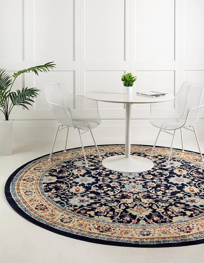 Rugs.com Yasmin Collection Rug – 8 Ft Round Navy Blue Medium Rug Perfect for Kitchens, Dining Rooms