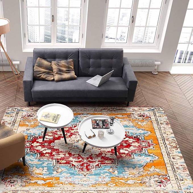 Bohemian Pattern Rectangular Area Rugs for Living Room Bedroom 5 x 6.9 ft Red & Orange Abstract Non-Shedding Soft Low Pile Rug Non Slip Washable Rug for Nursery Entryway Playroom