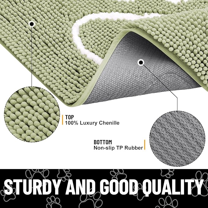 Smiry Dog Door Mat for Muddy Paws, Absorbent Dirt Trapper Non Slip Quick Dry Washable Chenille Mat for Mud Dogs, Entry Rug for Indoor and Outdoor (71x46 Inches, Sage Green and White)