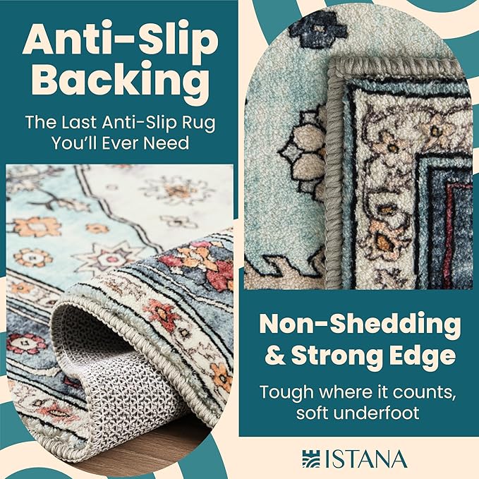Istana Hallway Runner Rug 2x8 – White Cream/Blue Entryway Rug -Silk's Soft Touch Runners for Hallways - Stylish Kitchen Runner Rug Non Slip