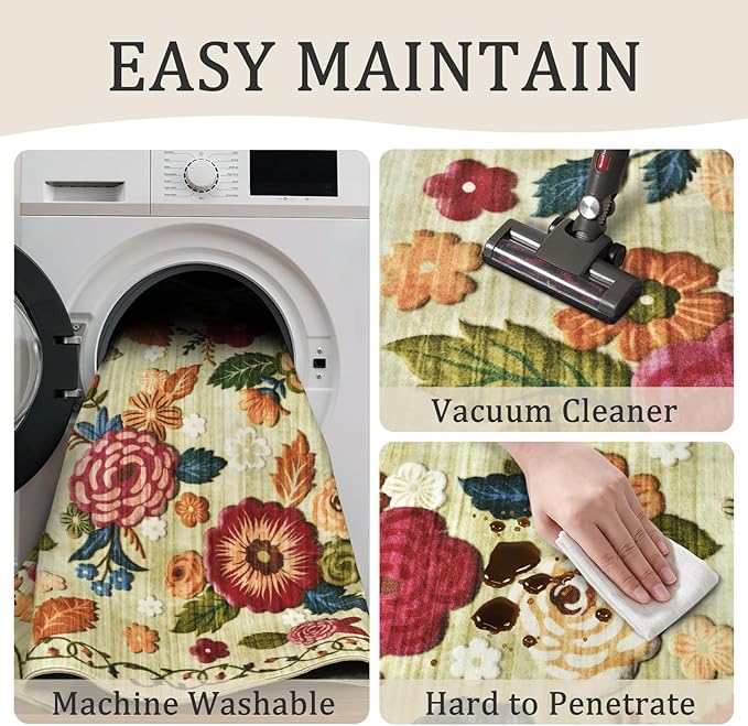 2x3 Machine Washable Area Rug for Entryway, Green Vintage Boho Floral Rug Non-Slip Low Pile Soft Faux Wool Small Carpet, Kids and Pets Friendly for Bedroom Kitchen Hallway Bedside Home Decor Rug