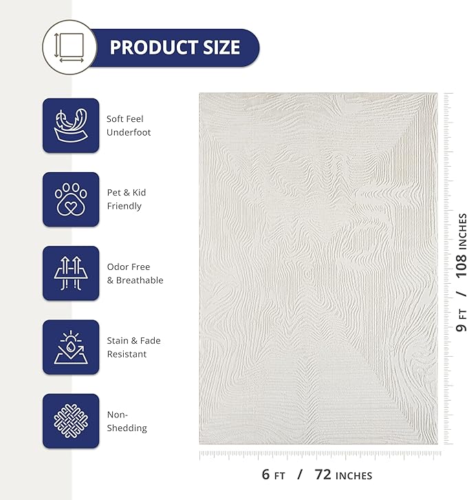 Abani Zen 6' x 9' Cream Rug – Neutral Layered Wavy Borders Pattern, Large Soft Area Rug for Living Room & Bedroom, Durable & Easy to Clean