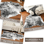 AROGAN Western Decor Faux Fur Cowhide Rug, 4.6 x 5.2 Feet Premium Animal Skin Cow Hide Rug, Sturdy Cow Print Rugs for Wall Decor, Western Floor Carpet for Bedroom Living Room, Black and Grey