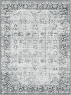 LIVEBOX Washable 9x12 Area Rug for Living Room, Large Grey Neutral Boho Floral, Soft Anti-Skid Thin, Vintage Faux Wool for Office, Bedroom, Dining Room