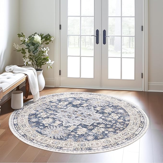 zesthome Washable Round Rug - 5ft Ultra-Thin Circle Area Rugs, Vintage Non-Slip Low Pile Rug for Living Room, Stain Resistant Rug for Bedroom, Entryway, Kitchen, Nursery