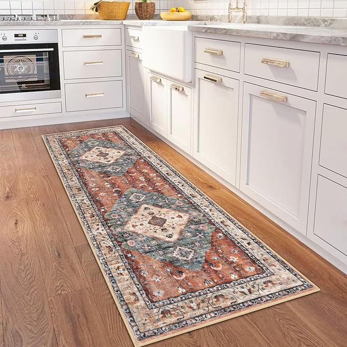KOZYFLY Runners for Hallways 2x6 Ft Washable Kitchen Runner Rug Boho Runner Rug for Entryway Indoor Rust/Orange/Blue Printed Oriental Faux Wool Floor Carpet Runner for Bedroom Kitchen Hall