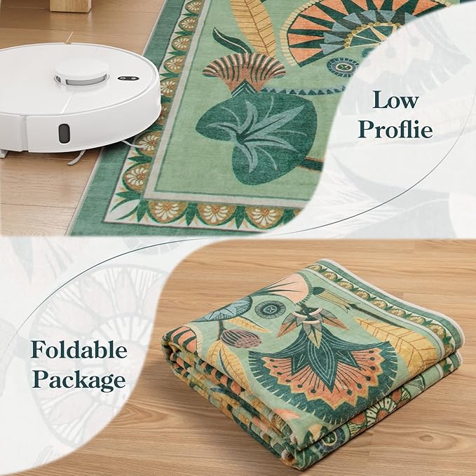 Floral Kitchen Rugs, 2.5X8 Green Runner Rug for Hallway, Non Slip Rugs for Entryway, Washable Carpet Runner with Rubber Backing, Vintage Rug for Bathroom Bedroom Indoor