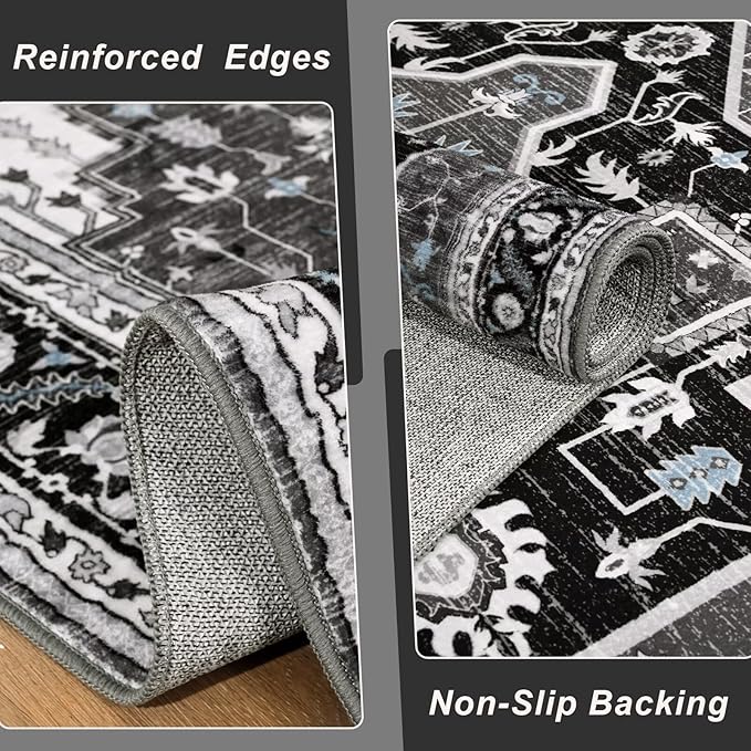 5x7 Black Grey Area Rug for Living Room, Machine Washable Rugs with Non-Slip Backing for Bedroom, Vintage Medallion Carpet Dining Room Office Kids Room Decor