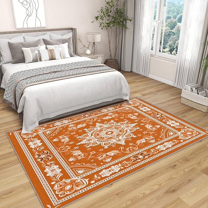 Mandala Rugs for Living Room -Vintage Floral Rug, 5x6 ft, Orange Mandala Area Rug, Boho Medallion Washable Non-Slip Stain Resistant Carpet, Meditation Boho Ethnic Home Decor & Gifts