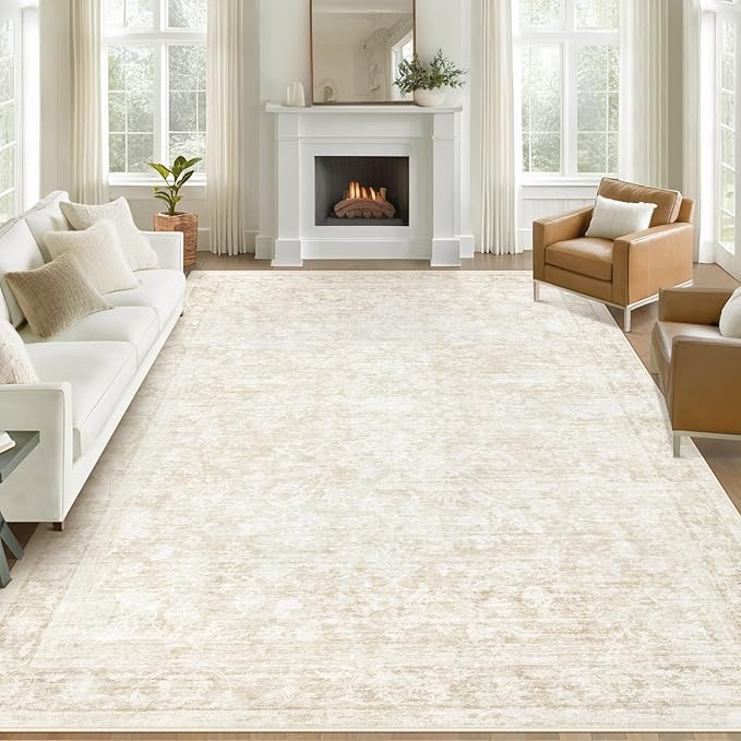 8x10 Area Rugs for Living Room: Washable Large Vintage Floral Rug Low Pile Non-Slip Boho Carpet for Bedroom Dining Home Office (Beige, 8'x10')