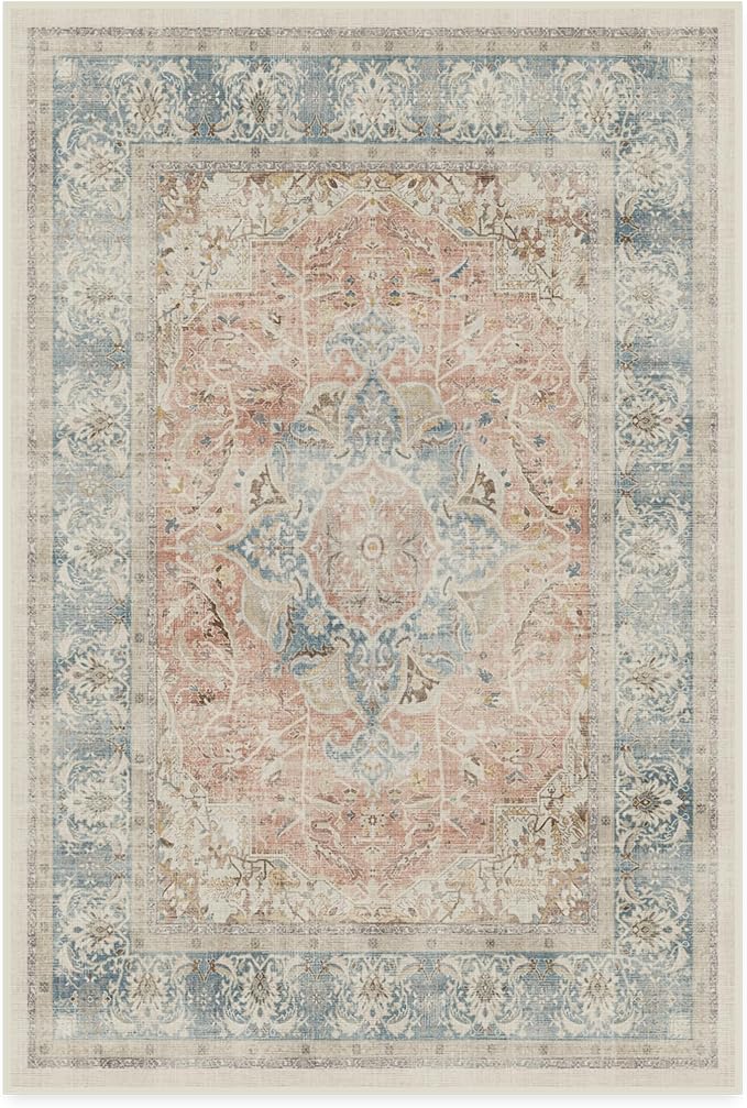 RUGGABLE Washable Vintage Area Rug – Sarrah Coral 4x6, Stain-Resistant, Non-Slip – Medium Machine Washable Rugs for Living Room, Bedroom, Hallway, Entryway & Office–with Standard Pad