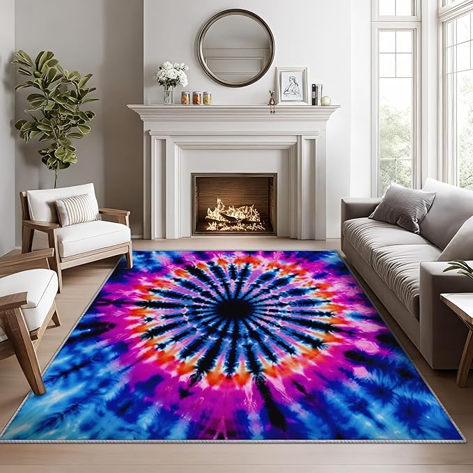 Tie Dye Rugs for Bedroom -Mandala Hippie Rug, 5x8 ft, Colorful Psychedelic Area Rug, Blue and Pink Abstract Washable Non-Slip Stain Resistant, Multicolor Tie Dye Home Decor & Gifts