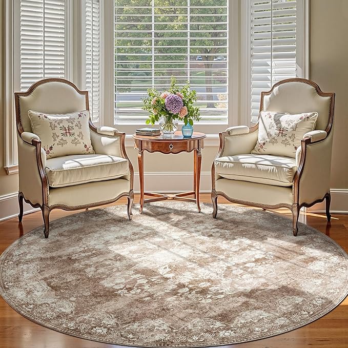 jinchan Round Rug 8ft Area Rug - Brown Vintage Floor Mat Kitchen Indoor - Washable Circle 8' Thin Floral Print Carpet Retro Farmhouse Non Slip Dining Room Living Room Bedroom Office