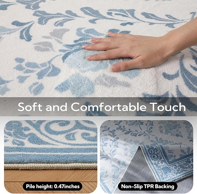 SOULFUL Medium Pile 4x6 Rugs for Living Room - Soft Underfoot Area Rug - Mist Blue Boho Floral - Washable Non-Slip - Perfect for Bedroom Kids Room Under Dining Table Office