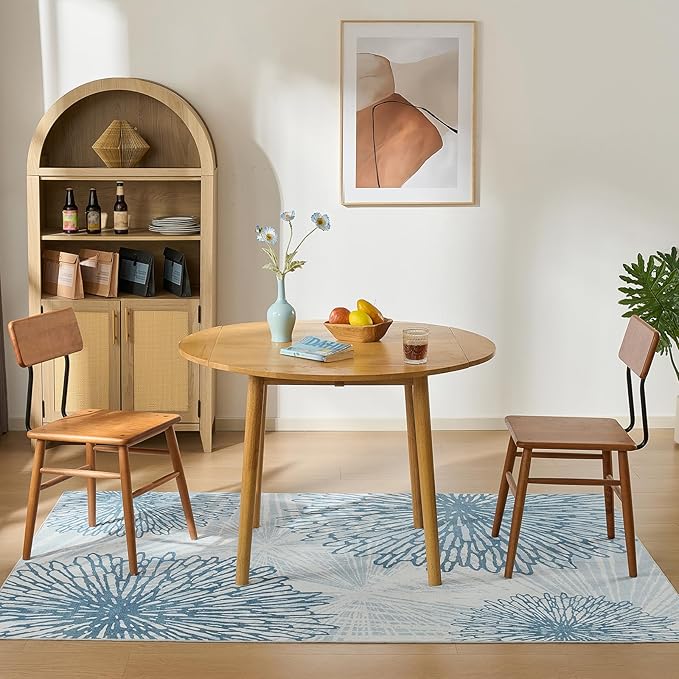 WITSHOCK 6x9 Washable Rug for Living Room,Modern Floral Distress Print Pattern Area Rugs,Stain Resistant with Non Slip Backing Carpet for Dining Room,Bedroom & Home Decor,Blue/Light Blue