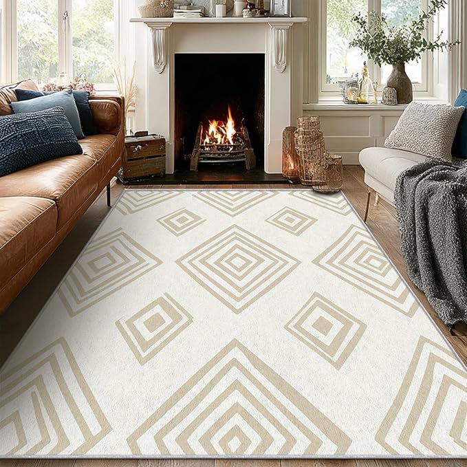 Washable 3x4 Modern Geometric Rug Living Room, Beige Abstract Diamond Design Area Rugs for Bedroom, Modern Geometric Home Decor Carpet, Low Pile, Non Slip, Kids & Pet Friendly (N4174)