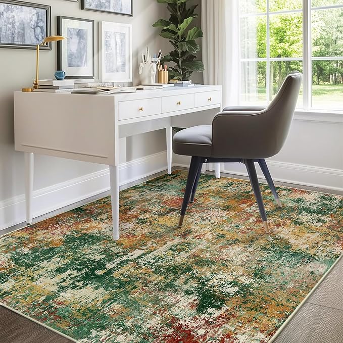Washable Area Rugs 9'x12' Non-Slip Modern Abstract Soft for Living Room Entryway Bedroom Nursery, Print Pattern, Green Orange Rust Red Cream Colorful