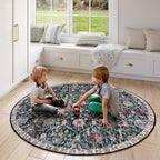 Lahome Moroccan Trellis Washable Round Rugs, Non-Slip Soft Round Rug 4ft Ultra-Thin, Small Vintage Circle Carpet for Entryway Kitchen Bedroom Nursery Bathroom, Black/Multi