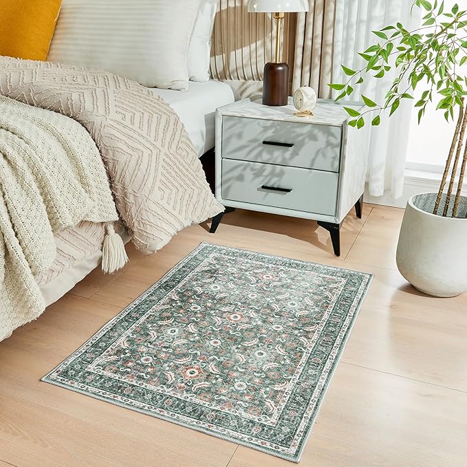 WITSHOCK Washable 2x3 Entryway Area Rug: Soft Non-Slip Backing Washable Rugs Vintage Flower Boho Accent Small Rugs for Bedroom, Kitchen, Bathroom, Nursery Entrance,Teal Blue