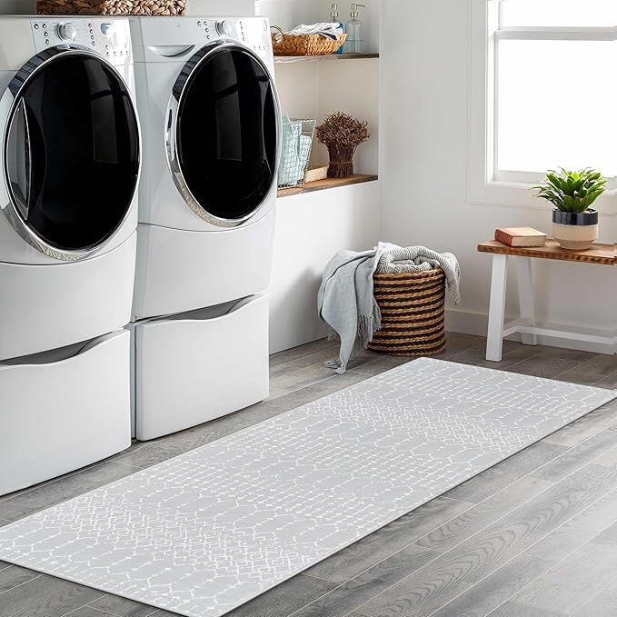 Lahome Moroccan Runner Rugs for Hallway 2x8 Throw Ultra-Thin Kitchen Rugs Runner Non Skid Washable Non-Slip Entryway Carpet Grey Distressed Print Mat for Bathroom Bedroom Laundry Room